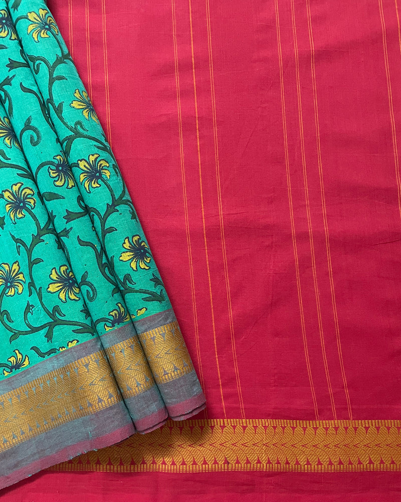 Green Handloom Kanchi Cotton Saree with Floral Kalamkaari Design Screen Print