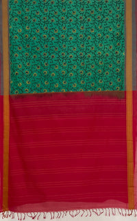 Green Handloom Kanchi Cotton Saree with Floral Kalamkaari Design Screen Print