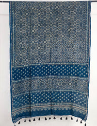 Indigo Ajrakh Handblock Printed Chanderi Silk Saree