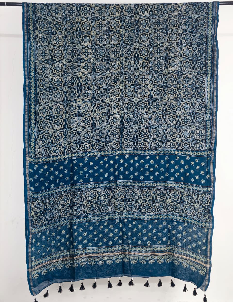 Indigo Ajrakh Handblock Printed Chanderi Silk Saree