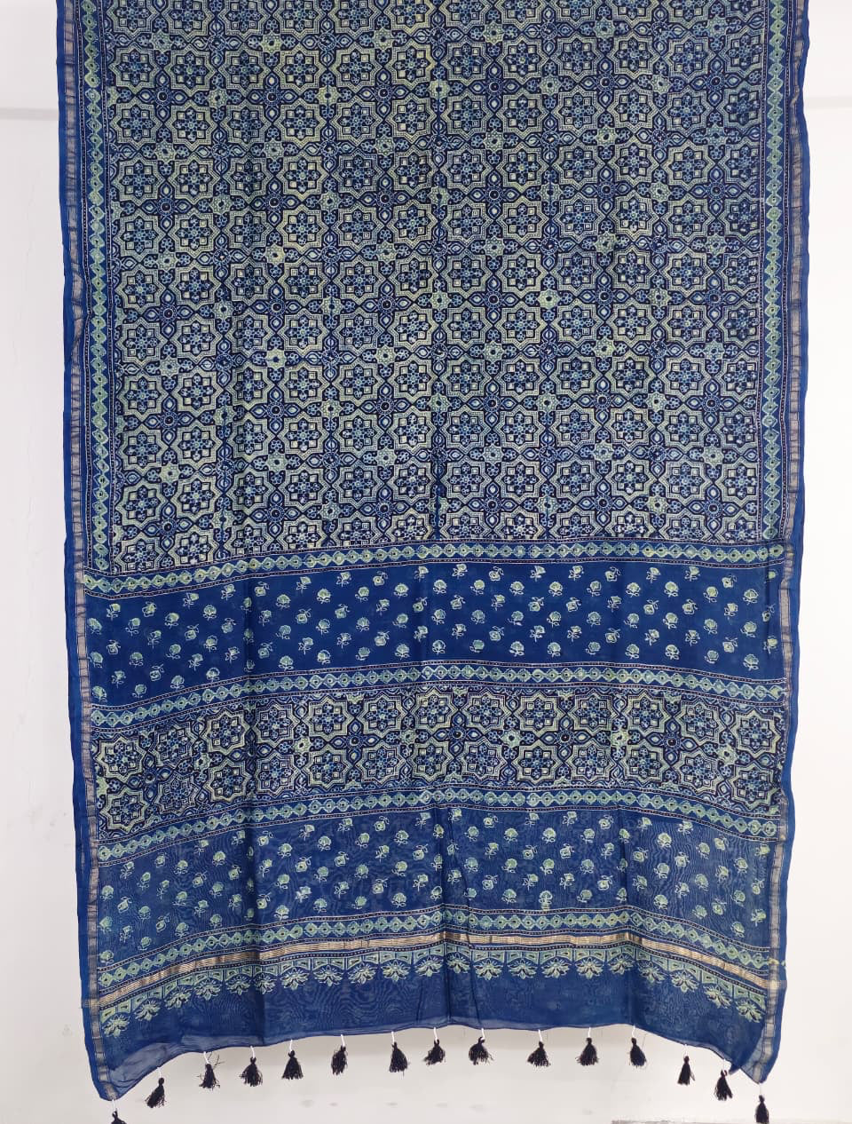 Indigo Ajrakh Handblock Printed Chanderi Silk Saree