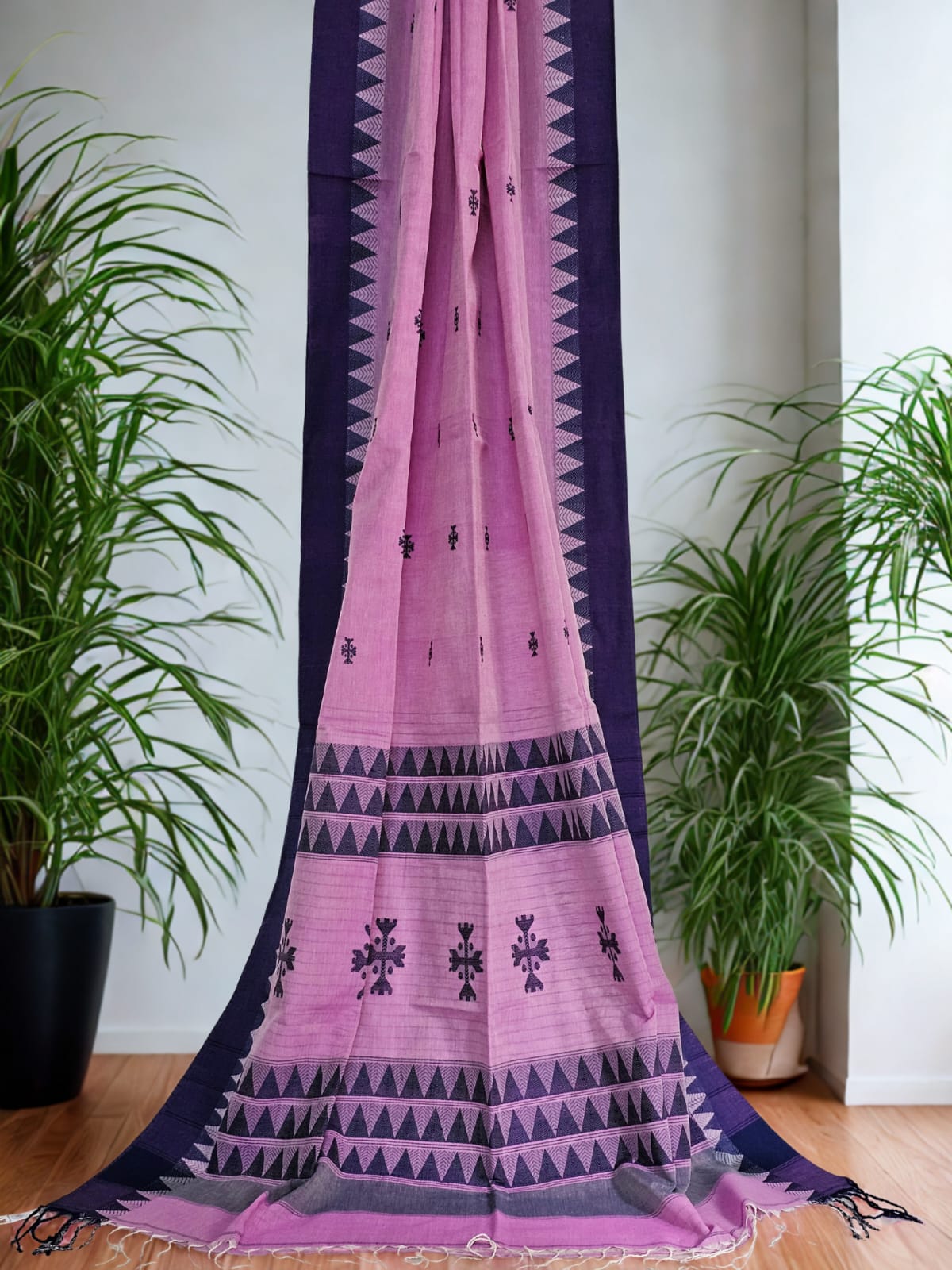 Indumati – Pink Handloom Tangail Khadi Saree with Navy Blue Border