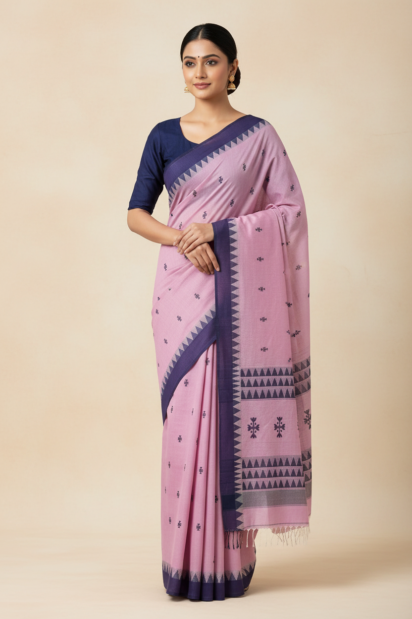 Indumati – Pink Handloom Tangail Khadi Saree with Navy Blue Border