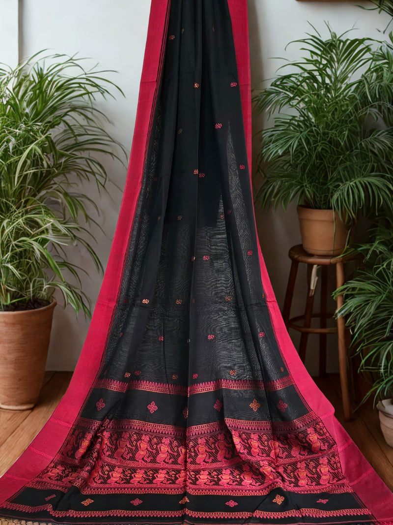 Kalavalli – Black Handloom Bengal Cotton Saree with Baluchari Dance Motif Pallu