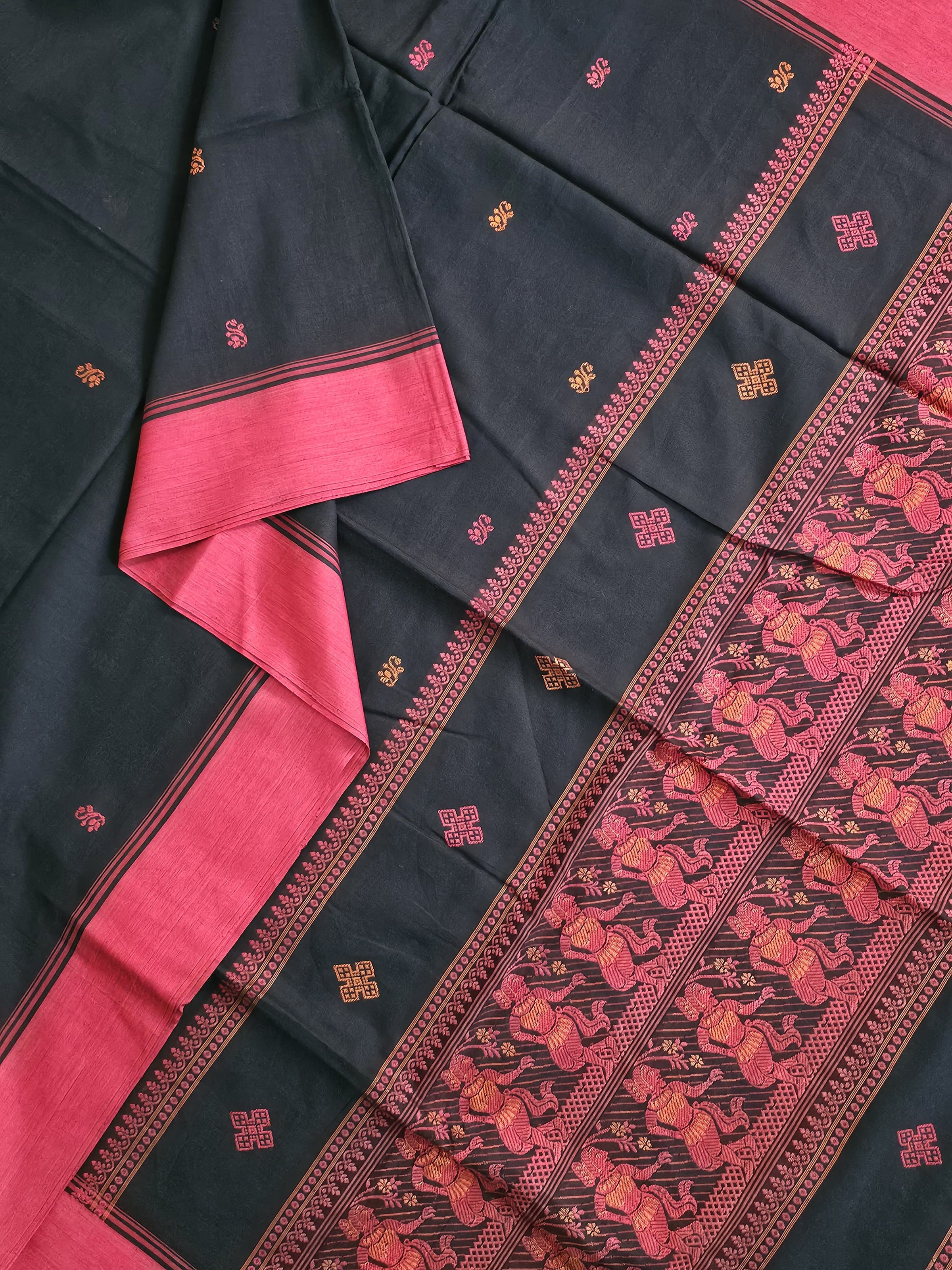 Kalavalli – Black Handloom Bengal Cotton Saree with Baluchari Dance Motif Pallu