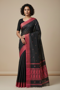 Kalavalli – Black Handloom Bengal Cotton Saree with Baluchari Dance Motif Pallu