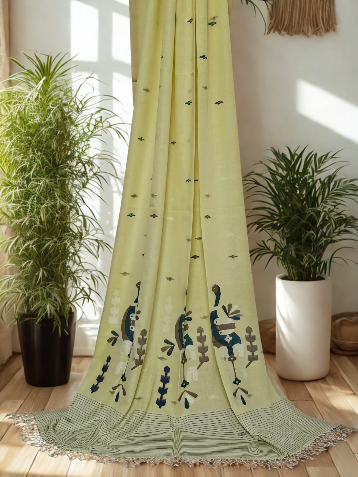 Kalindi – Lemon Yellow Jamdhani Handloom Bengal Cotton Saree