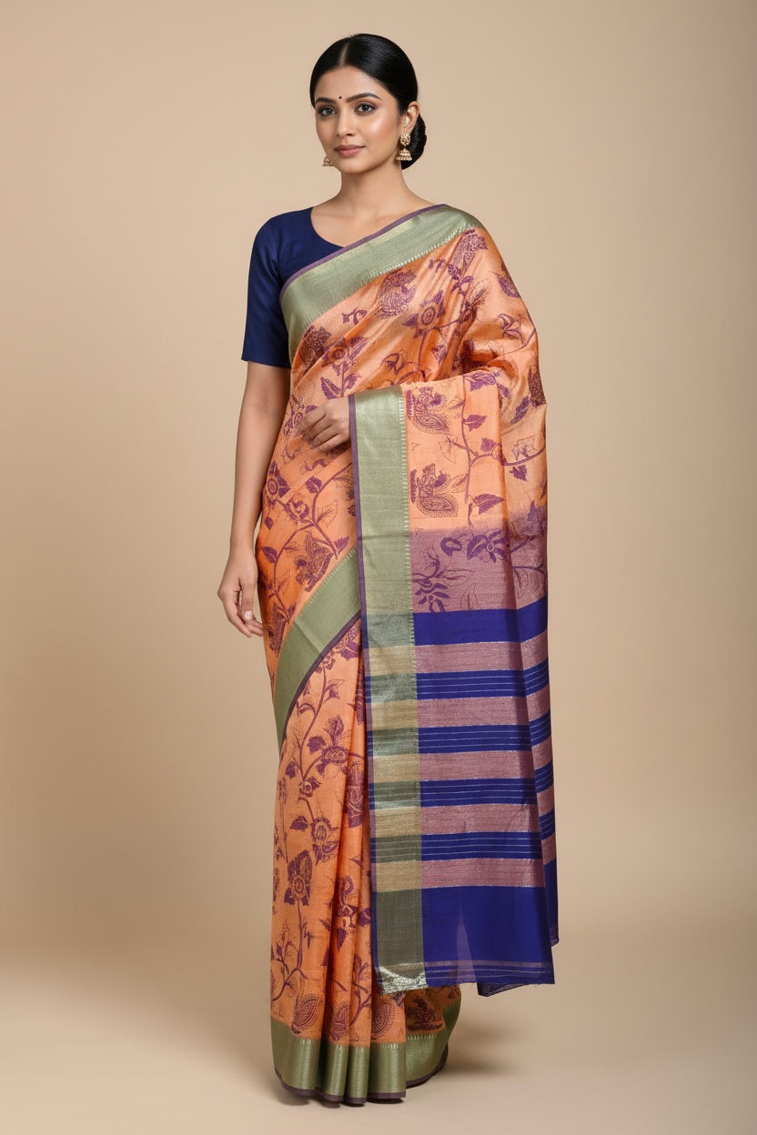 Kanakambaram – Orange Handloom Mangalagiri Silk Cotton Saree with Navy Blue Pichwai Print