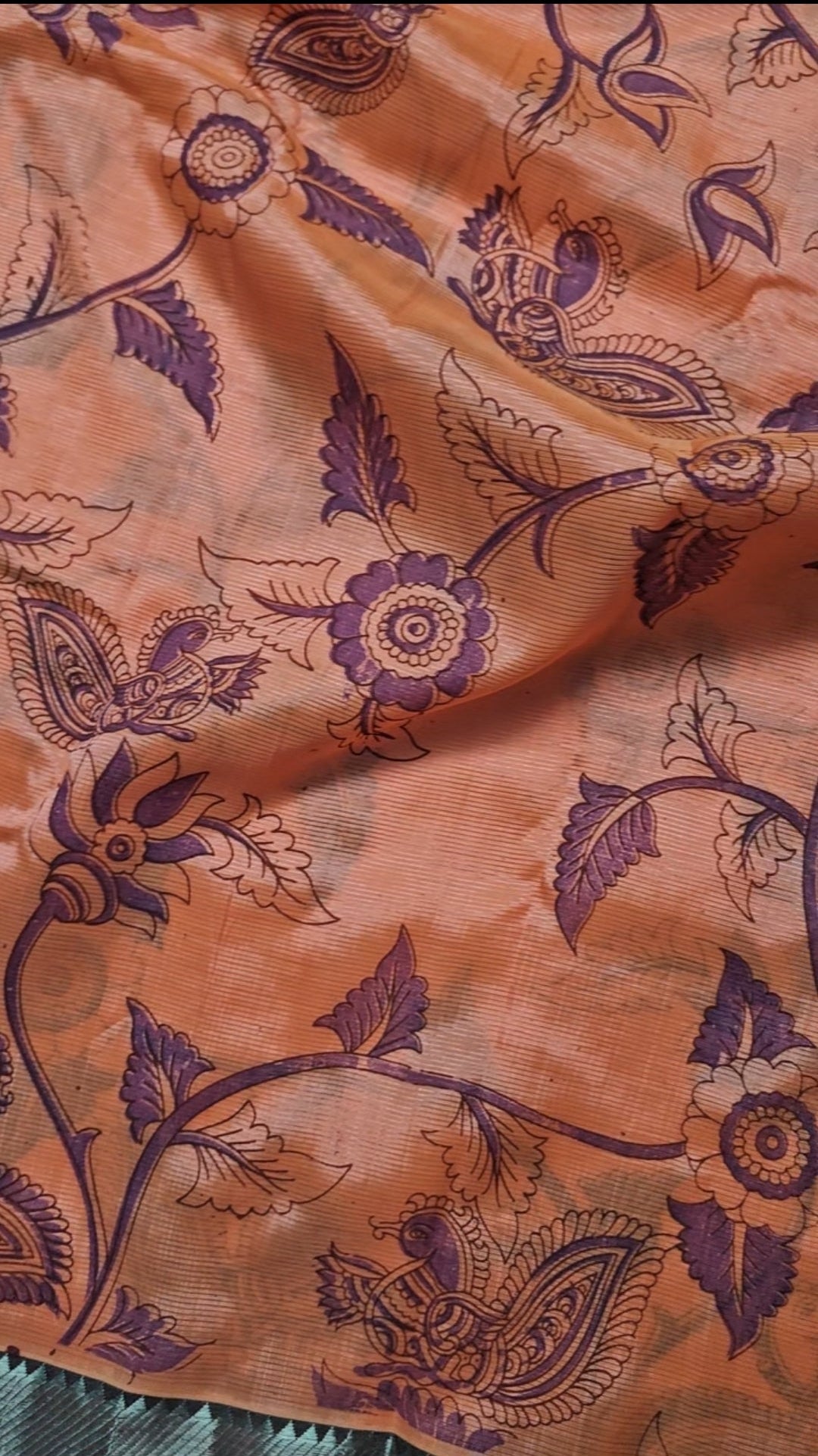 Kanakambaram – Orange Handloom Mangalagiri Silk Cotton Saree with Navy Blue Pichwai Print