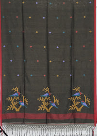 Kanvini – Dark Green Jamdhani Handloom Khadi Saree with Multicolour Bird Motifs