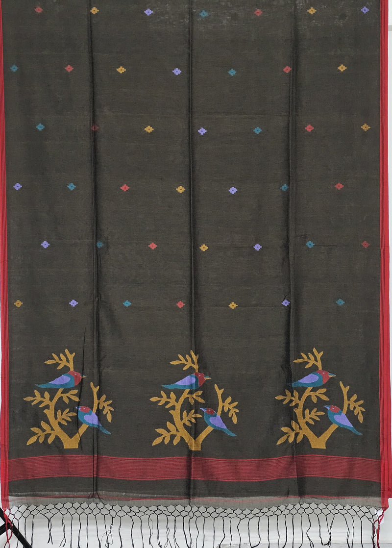 Kanvini – Dark Green Jamdhani Handloom Khadi Saree with Multicolour Bird Motifs
