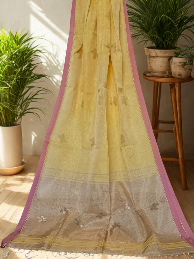 Ketaki – Yellow Handloom Pure Linen Saree with Zari Butterfly Motifs