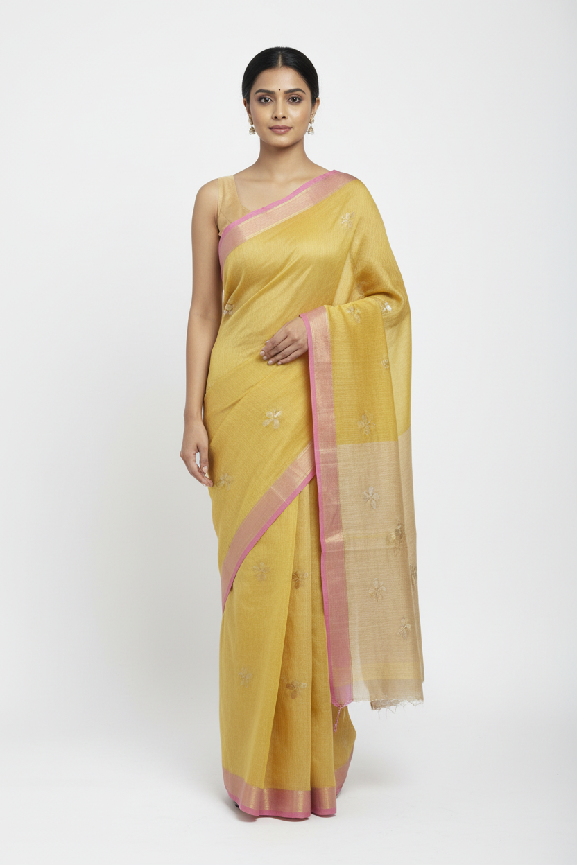 woman in Yellow Handloom Pure Linen Saree with Zari Butterfly Motifs