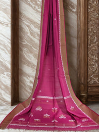 Kusuma – Pink Handloom Bengal Cotton Saree with Beige Border and White Floral Motifs