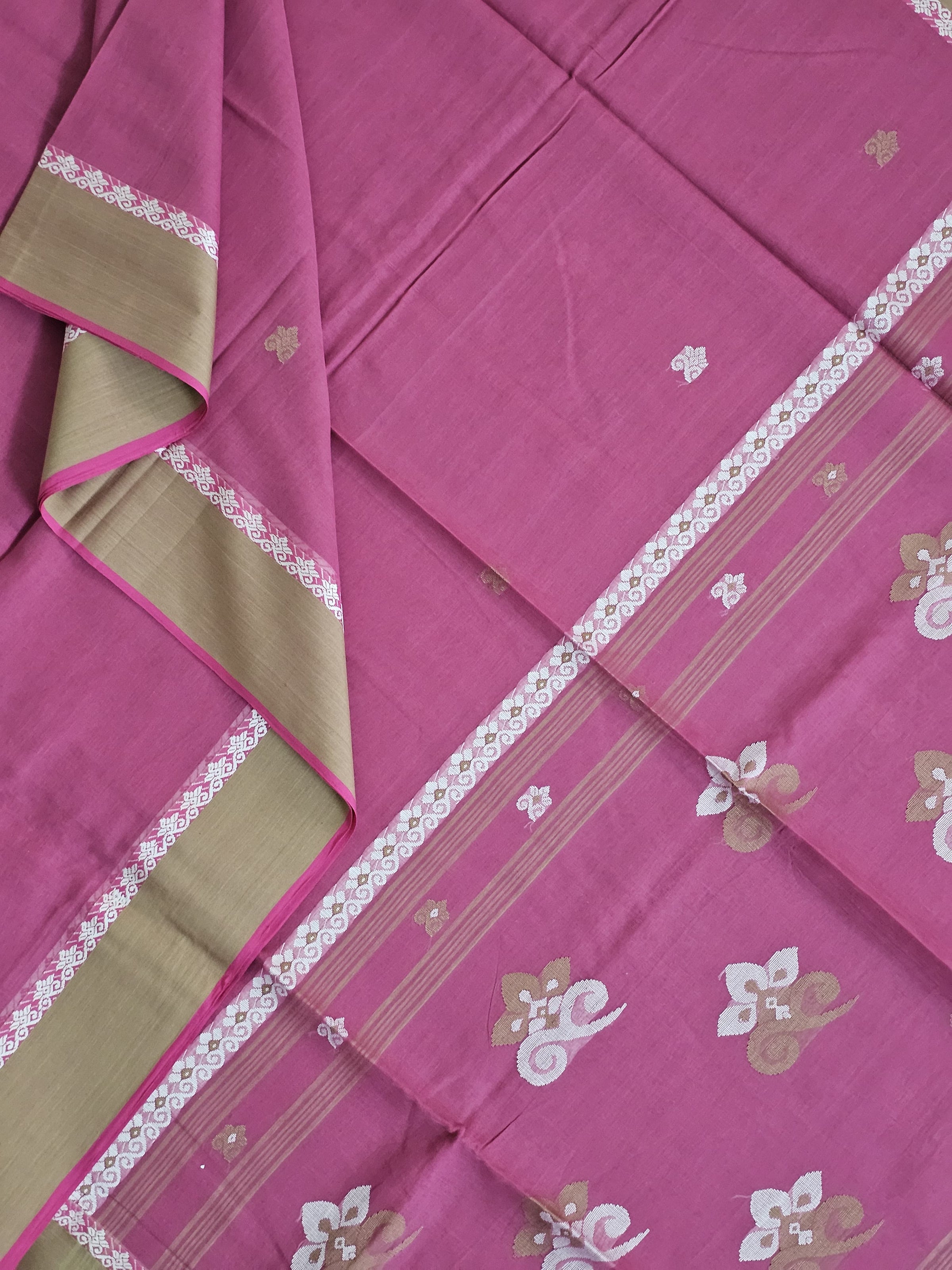 Kusuma – Pink Handloom Bengal Cotton Saree with Beige Border and White Floral Motifs