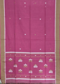 Kusuma – Pink Handloom Bengal Cotton Saree with Beige Border and White Floral Motifs