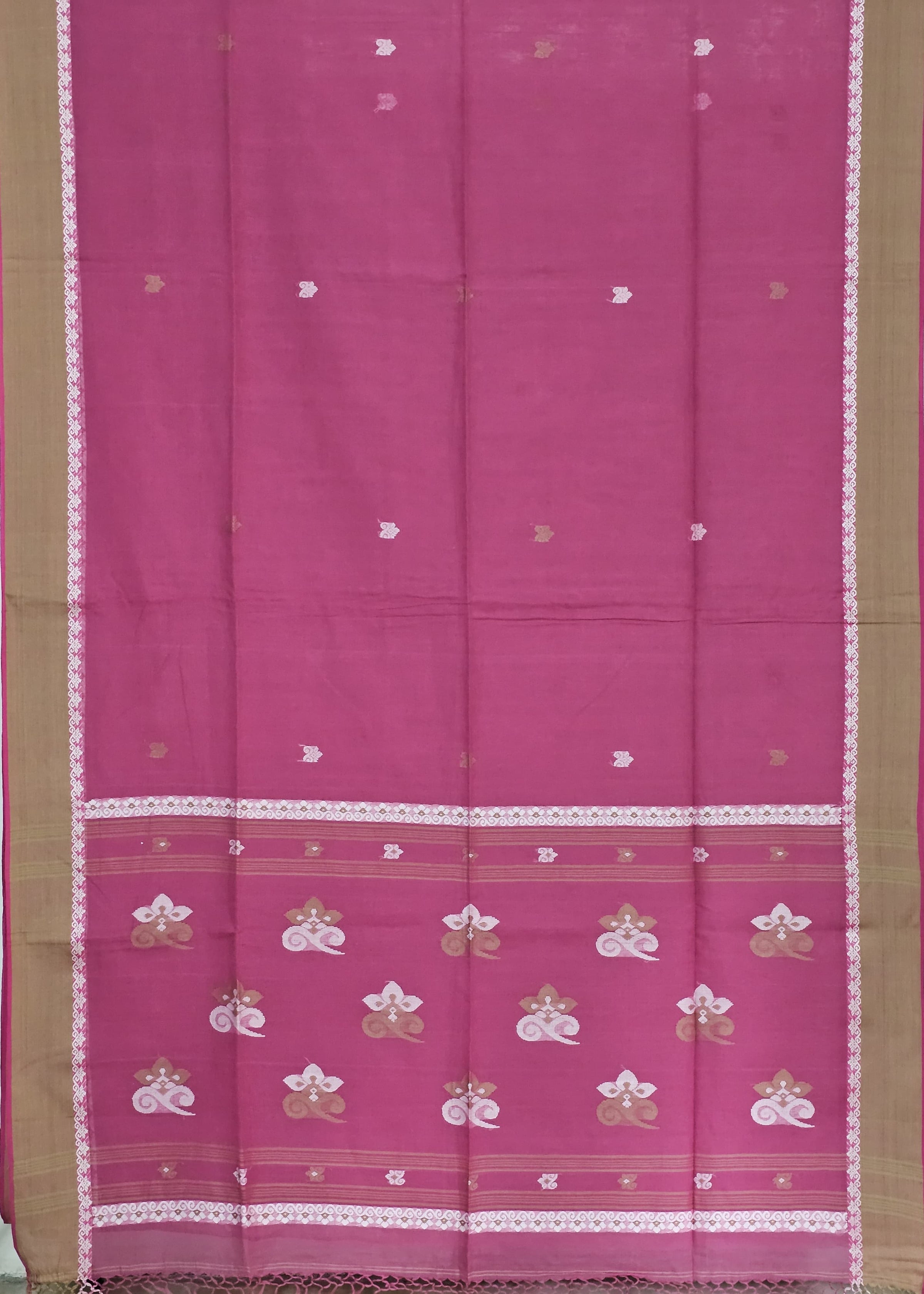 Kusuma – Pink Handloom Bengal Cotton Saree with Beige Border and White Floral Motifs