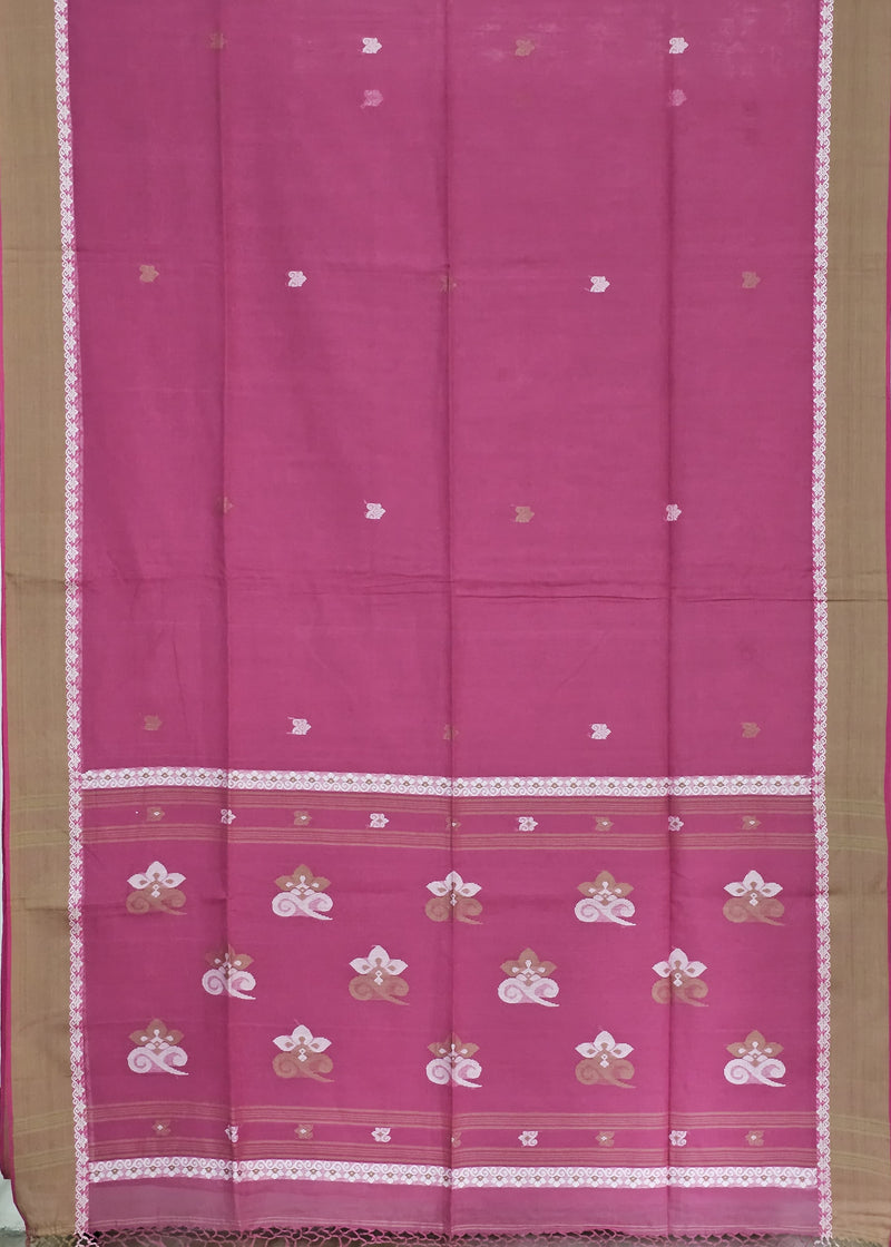 Kusuma – Pink Handloom Bengal Cotton Saree with Beige Border and White Floral Motifs