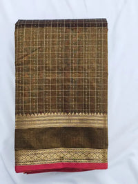 A folded Lakshadeepam Handloom Kanchi Silk Cotton Saree | Golden Brown with Yaali Motifs Pallu | Heritage Handloom