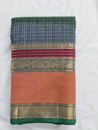 A folded Lakshadeepam Handloom Kanchi Silk Cotton Saree | Muted Steel Blue with Mustard Yellow Zari Border
