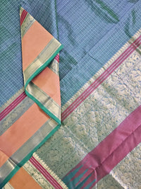 A close up of Lakshadeepam Handloom Kanchi Silk Cotton Saree | Muted Steel Blue with Mustard Yellow Zari Border