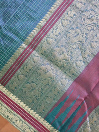 A Pallu close up of Lakshadeepam Handloom Kanchi Silk Cotton Saree | Muted Steel Blue with Mustard Yellow Zari Border