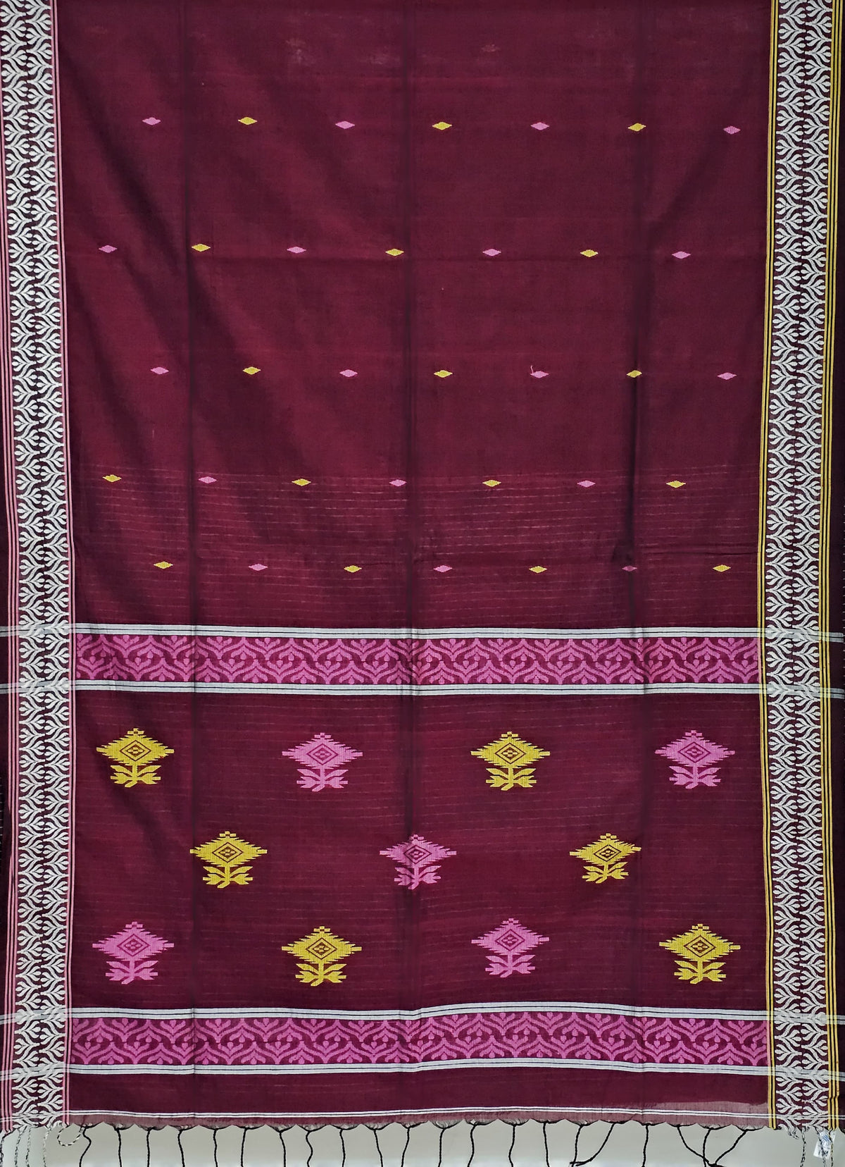 Lalima – Deep Plum Handloom Khadi Saree with White Border and Dual-Tone Motifs