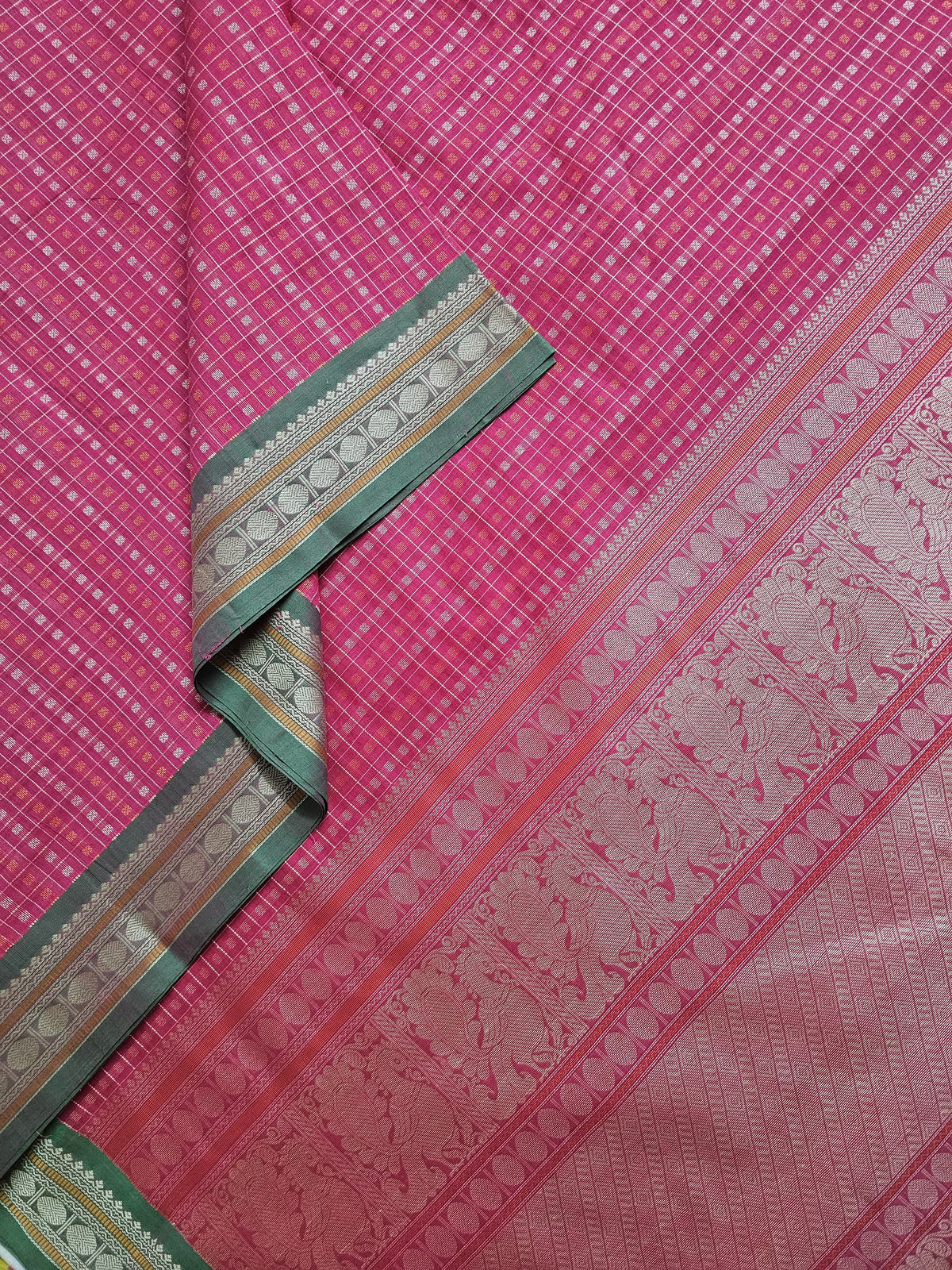 Lavanya – Pink Lakshadeepam Handloom Kanchi Cotton Saree with Green Coin Motifs