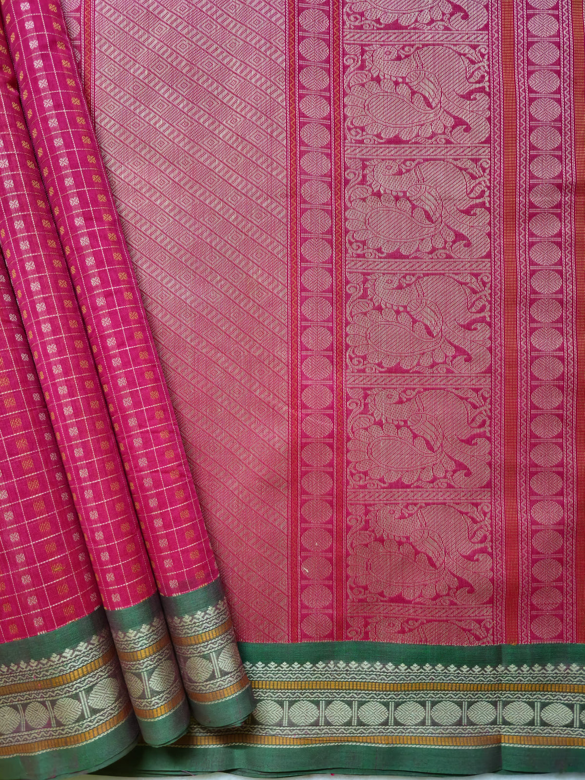Lavanya – Pink Lakshadeepam Handloom Kanchi Cotton Saree with Green Coin Motifs
