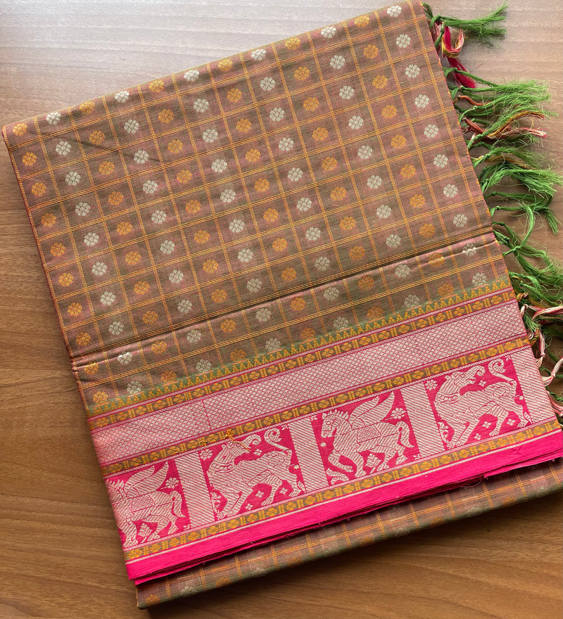 Light Green and Pink Dual Tone Handloom Aayiram Butta Kanchi Cotton Saree