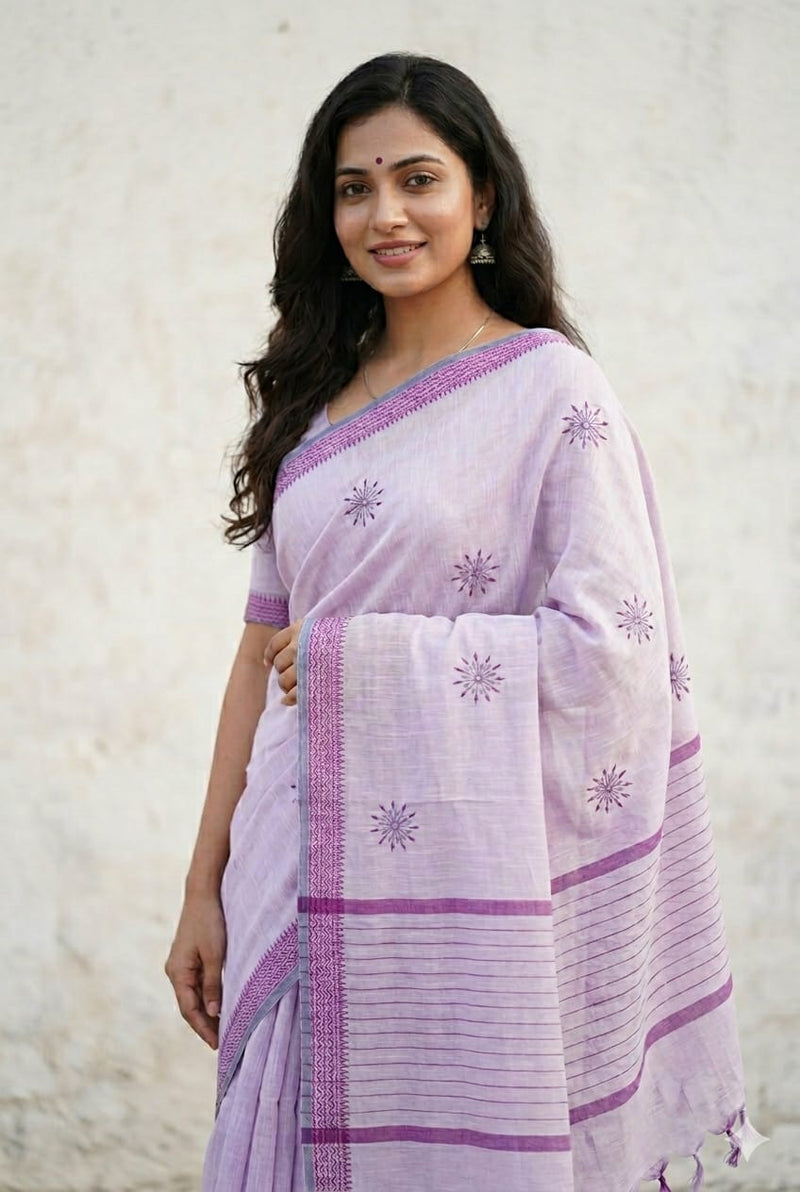 Light Lavender Handloom Venkatagiri Cotton Saree with Dandelion Embroidery