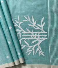 Light Teal Green Jamdhani Handloom Bengal Cotton Saree