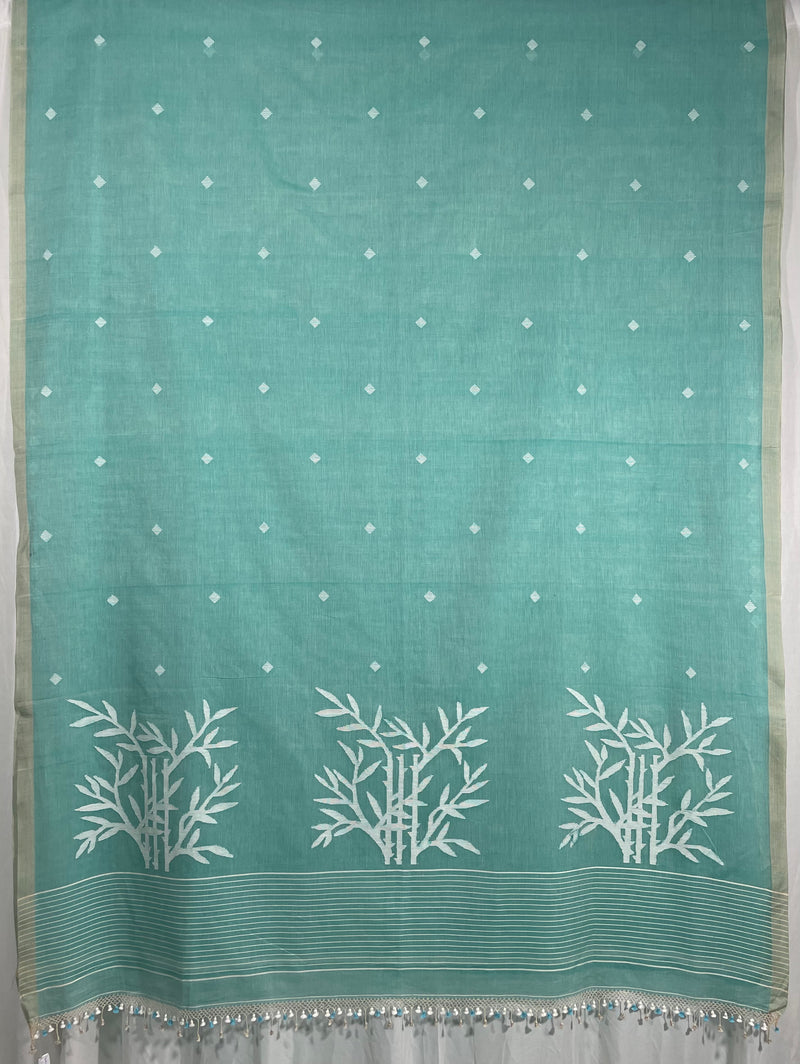 Light Teal Green Jamdhani Handloom Bengal Cotton Saree