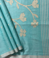 Light Teal Green Jamdhani Handloom Bengal Cotton Saree