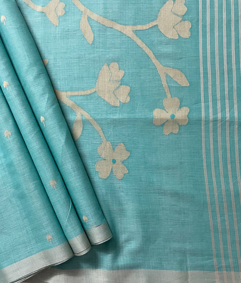 Light Teal Green Jamdhani Handloom Bengal Cotton Saree