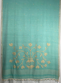 Light Teal Green Jamdhani Handloom Bengal Cotton Saree