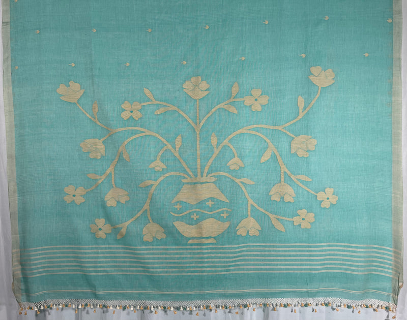 Light Teal Green Jamdhani Handloom Bengal Cotton Saree