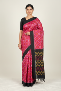 Magenta Pink Ikkat Cotton Saree with Black Border