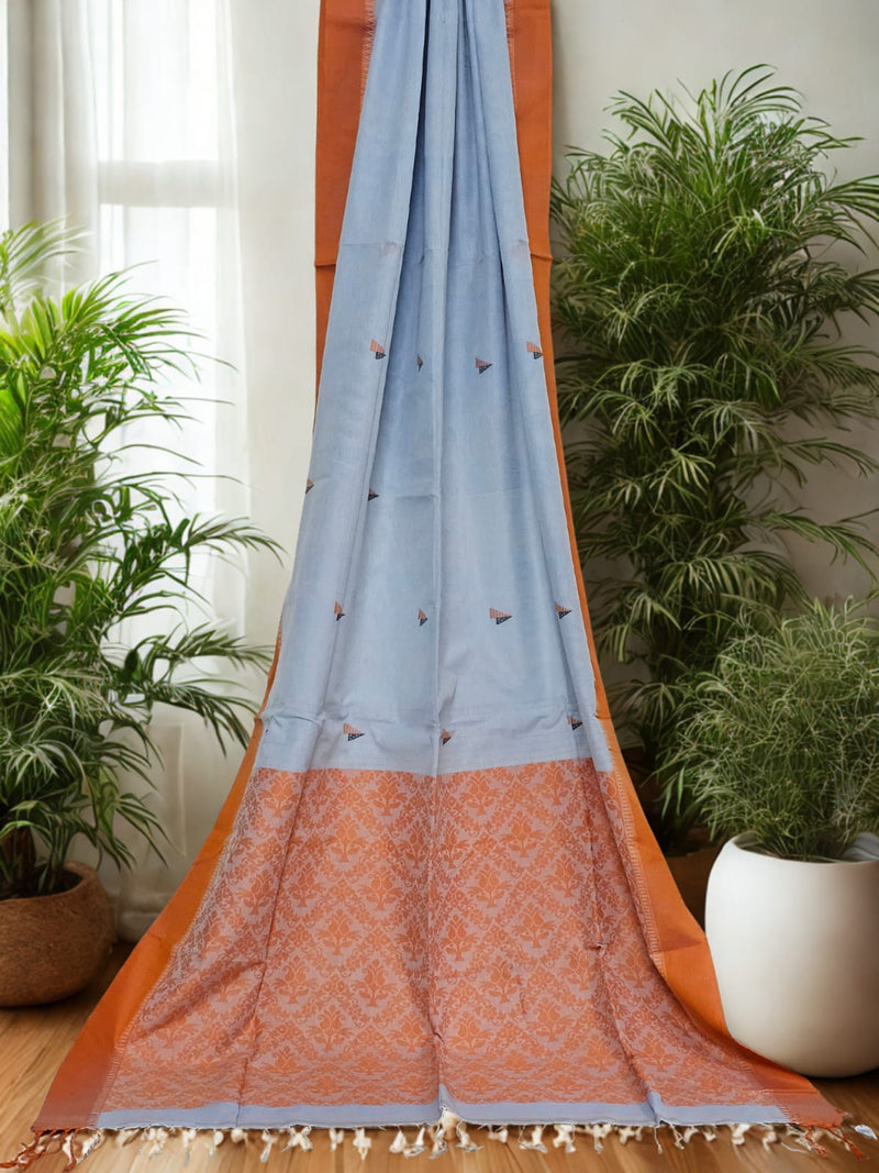 Mandakini – Light Blue Handloom Khadi Saree with Orange Matka Silk Pallu