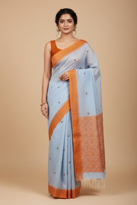Mandakini – Light Blue Handloom Khadi Saree with Orange Matka Silk Pallu
