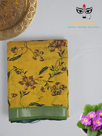 Manjari – Yellow & Green Handloom Mangalagiri Silk Cotton Saree with Floral Print