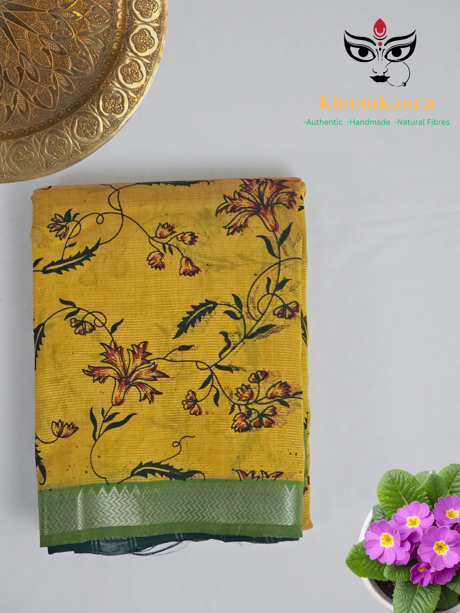 Manjari – Yellow & Green Handloom Mangalagiri Silk Cotton Saree with Floral Print