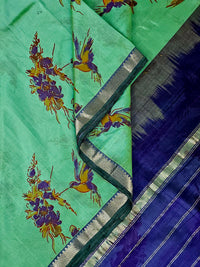 Manogna – Mint Green Handloom Mangalagiri Silk Cotton Saree with Hummingbirds and Violet Flowers Print