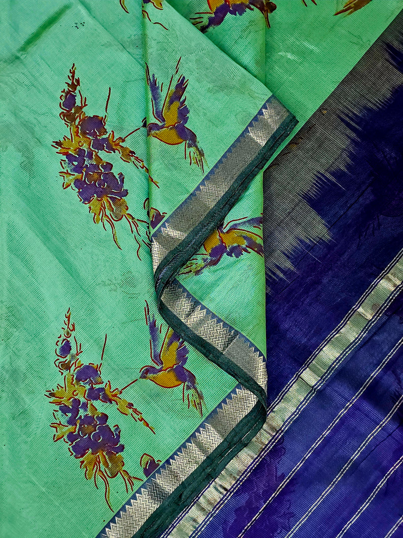 Manogna – Mint Green Handloom Mangalagiri Silk Cotton Saree with Hummingbirds and Violet Flowers Print