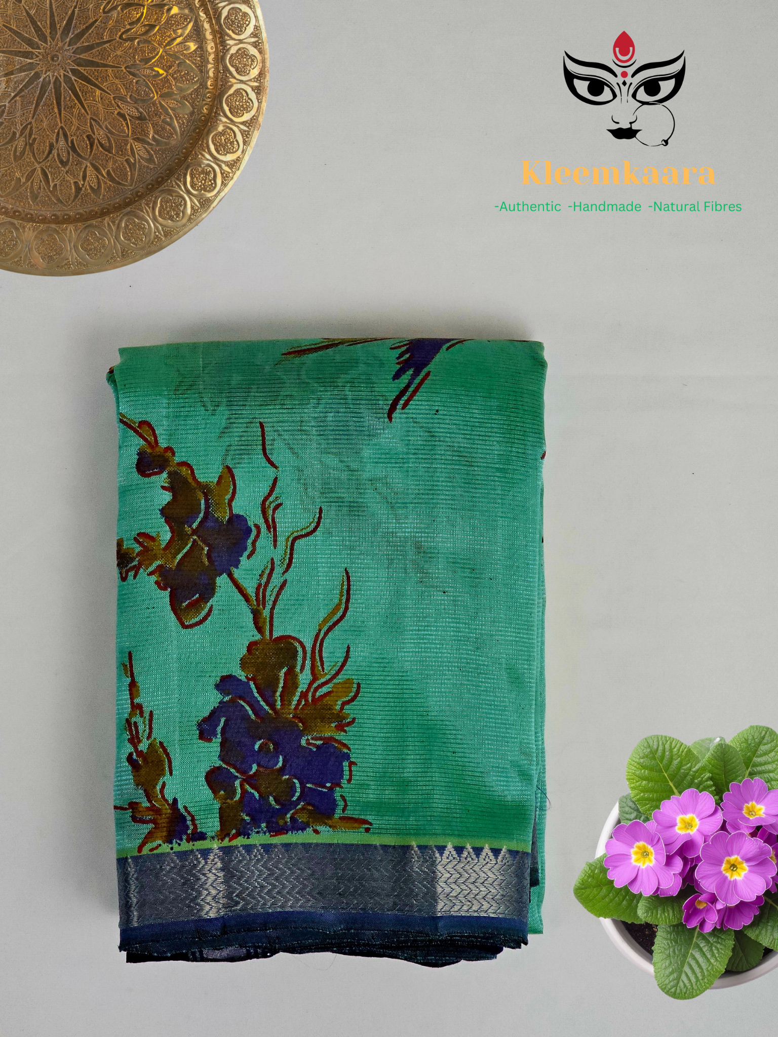 Manogna – Mint Green Handloom Mangalagiri Silk Cotton Saree with Hummingbirds and Violet Flowers Print