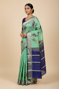 Manogna – Mint Green Handloom Mangalagiri Silk Cotton Saree with Hummingbirds and Violet Flowers Print