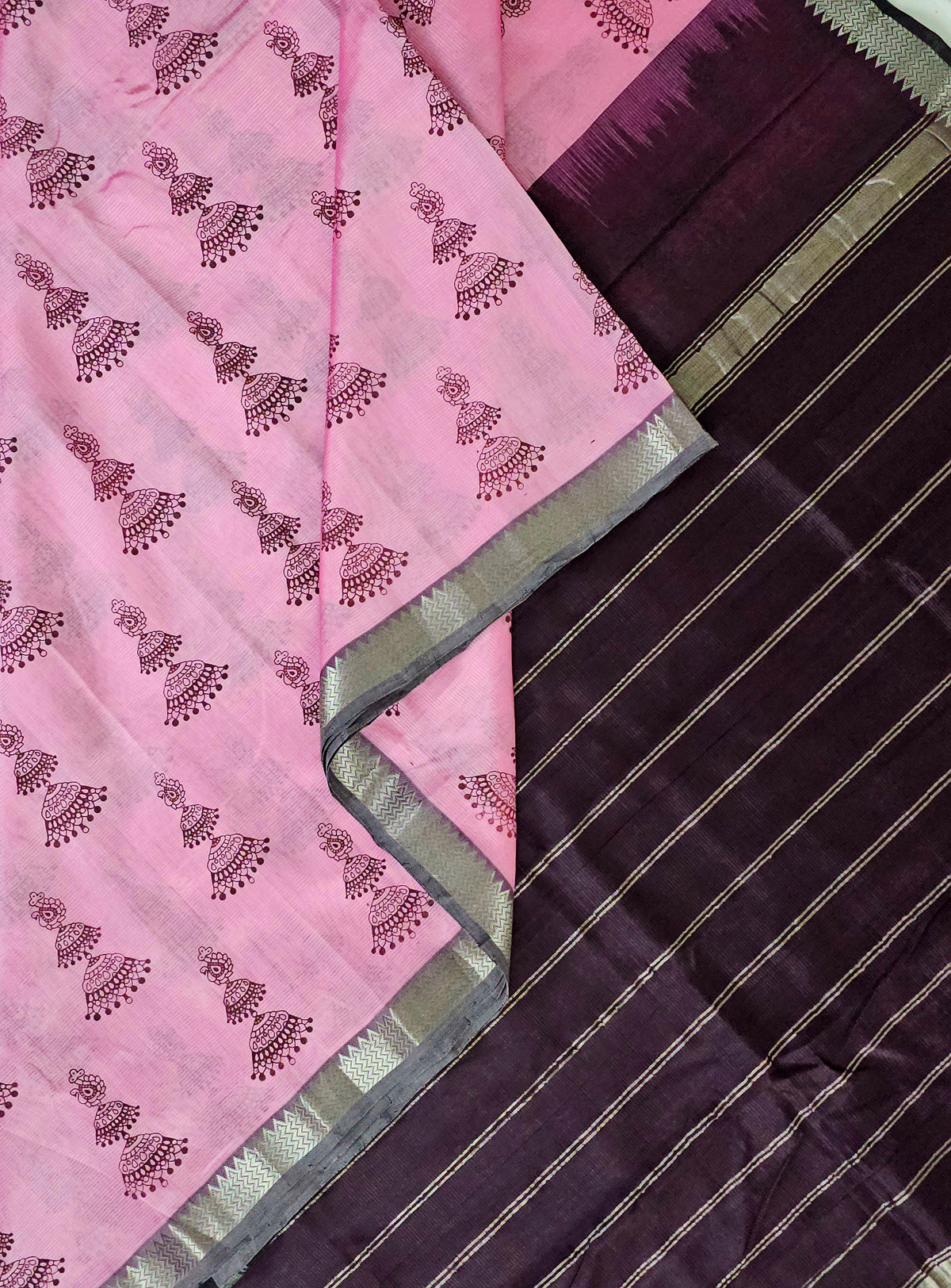 Manohari – Pink & Brown Handloom Mangalagiri Silk Cotton Saree with Jhumka Print