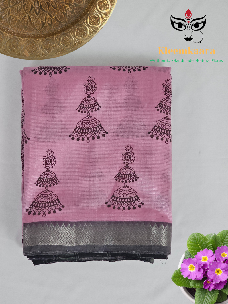 Manohari – Pink & Brown Handloom Mangalagiri Silk Cotton Saree with Jhumka Print
