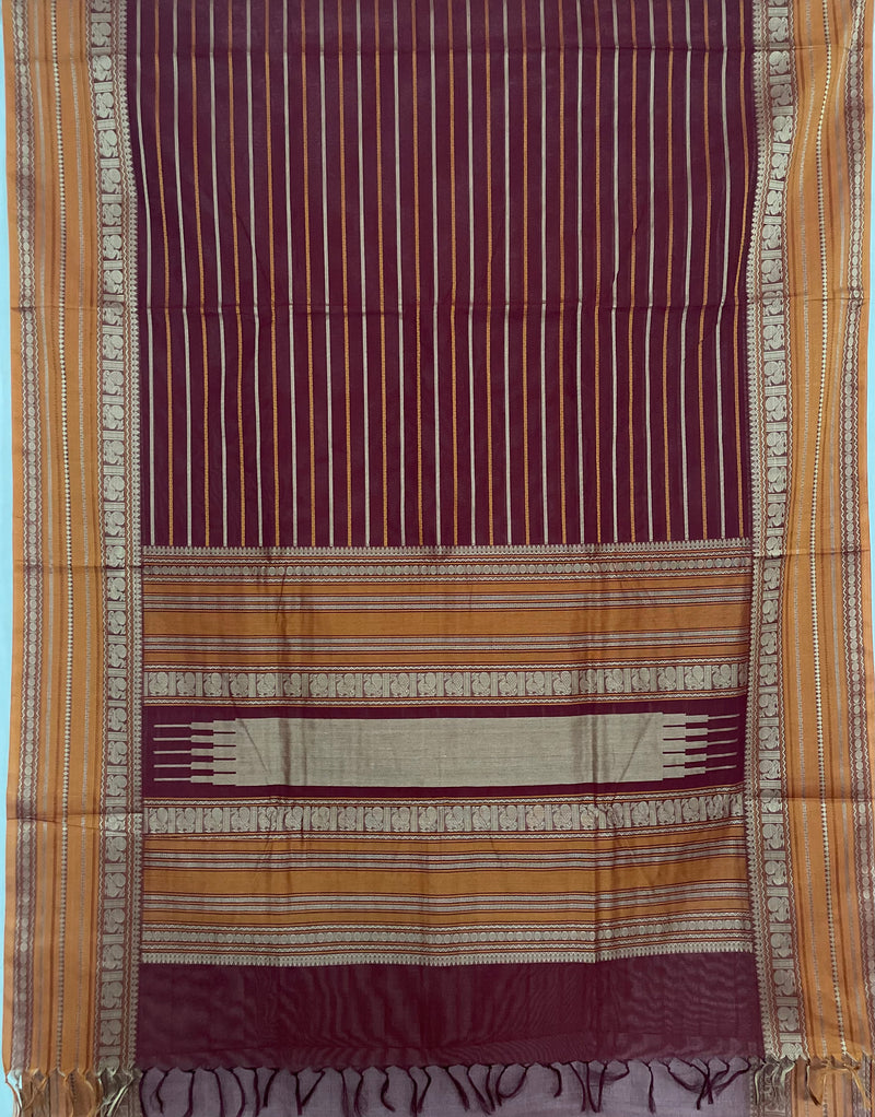 Maroon H. stripes Handloom Kanchi Cotton Saree with Yellow Border