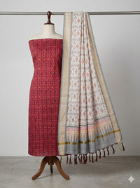 Maroon Pochampally Handloom Ikat Silk Cotton (Sico) Dress Material with White Dupatta